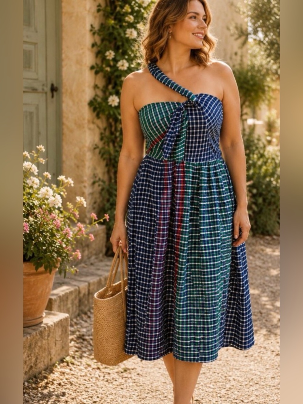 Anthropologie Waverly plaid gingham one shoulder raw hem cotton dress